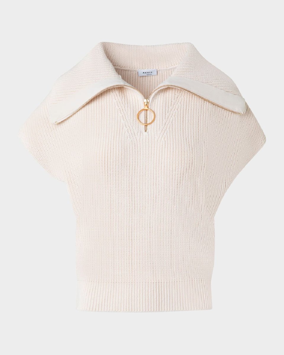 Sailor-Collar Cap-Sleeve Zip Knit Sweater